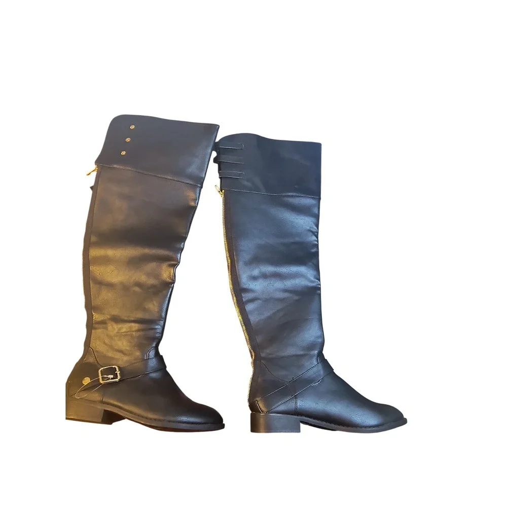 Black Over the Knee‎ Boots Size 9 Women's Faux Leather Zip Up Riding Fashion